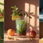 The image features a visually striking drink in a clear glass, surrounded by an array of fresh fruits and herbs on a serene, sunlit kitchen counter.