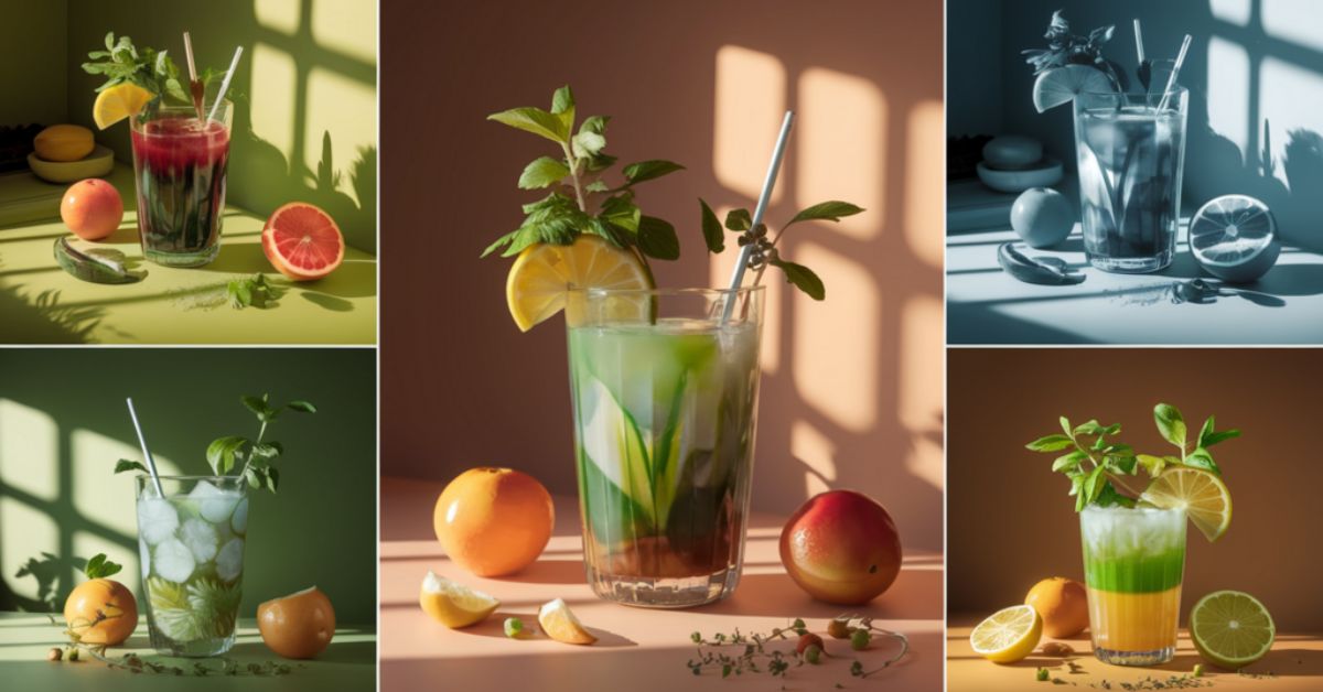 The image features a visually striking drink in a clear glass, surrounded by an array of fresh fruits and herbs on a serene, sunlit kitchen counter.